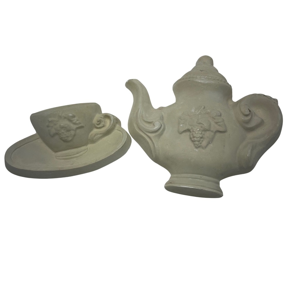 Vintage Plaster Teapot and Teacup Wall Set Cream Grape Relief Kitchen Decor